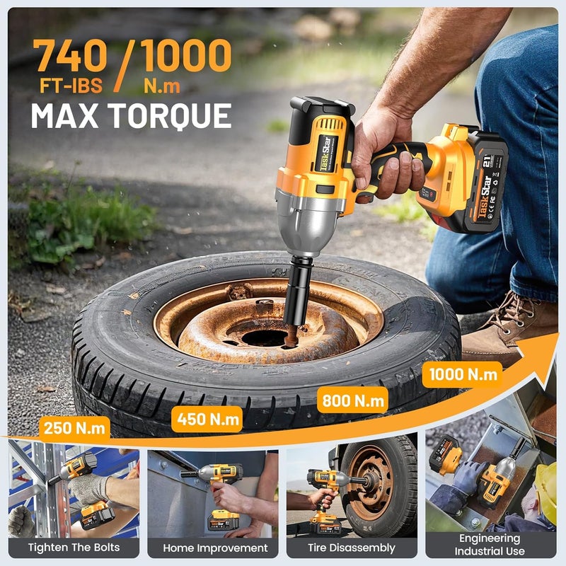 TaskStar Cordless Impact Wrench 740 Ft-lbs(1000N.m) 3300RPM High Torque 1/2 Inch Impact Gun, Electric Impact Driver, Brushless Motor, 2x4.0Ah Battery Fast Charger for Car Tires Truck Mower - Image 3